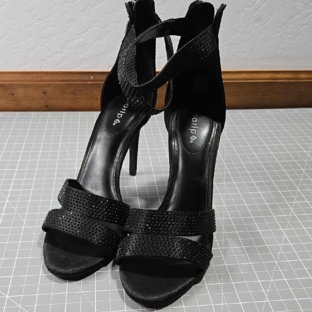 Maripe Sissy elegant black crystal-studded heels w/ankle straps